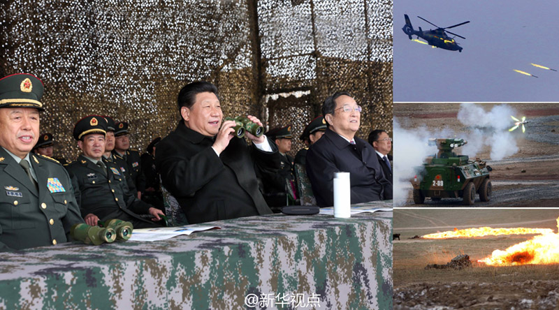 2014年4月29日下午，习近平到乌鲁木齐市郊的新疆军区综合训练场，观摩部分火器实弹射击等部队实战化训练课目演示。（记者 曹智 李刚）